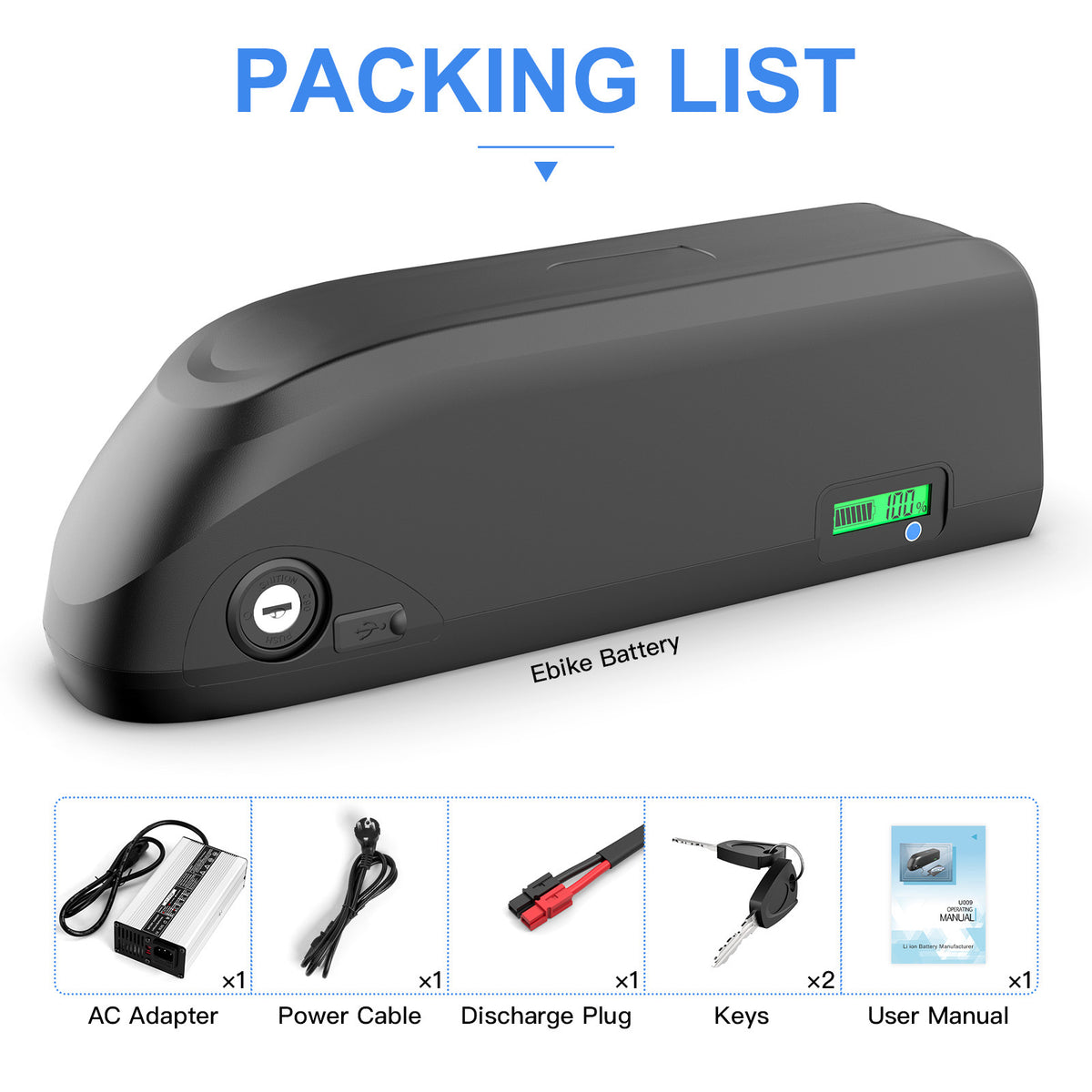 48v Ebike battery packing list: AC adaptor, power cable, discharge plug, keys, user manual