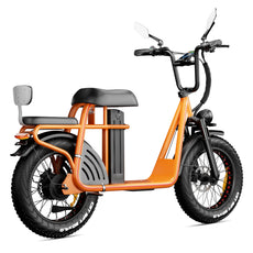 1000w fat tire ebike with orange frame, comfortable big seat and removable battery.