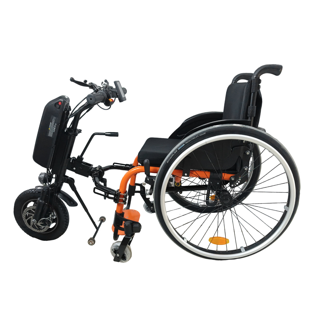 electric wheelchair bike connected to a wheelchair with orange pedal bar