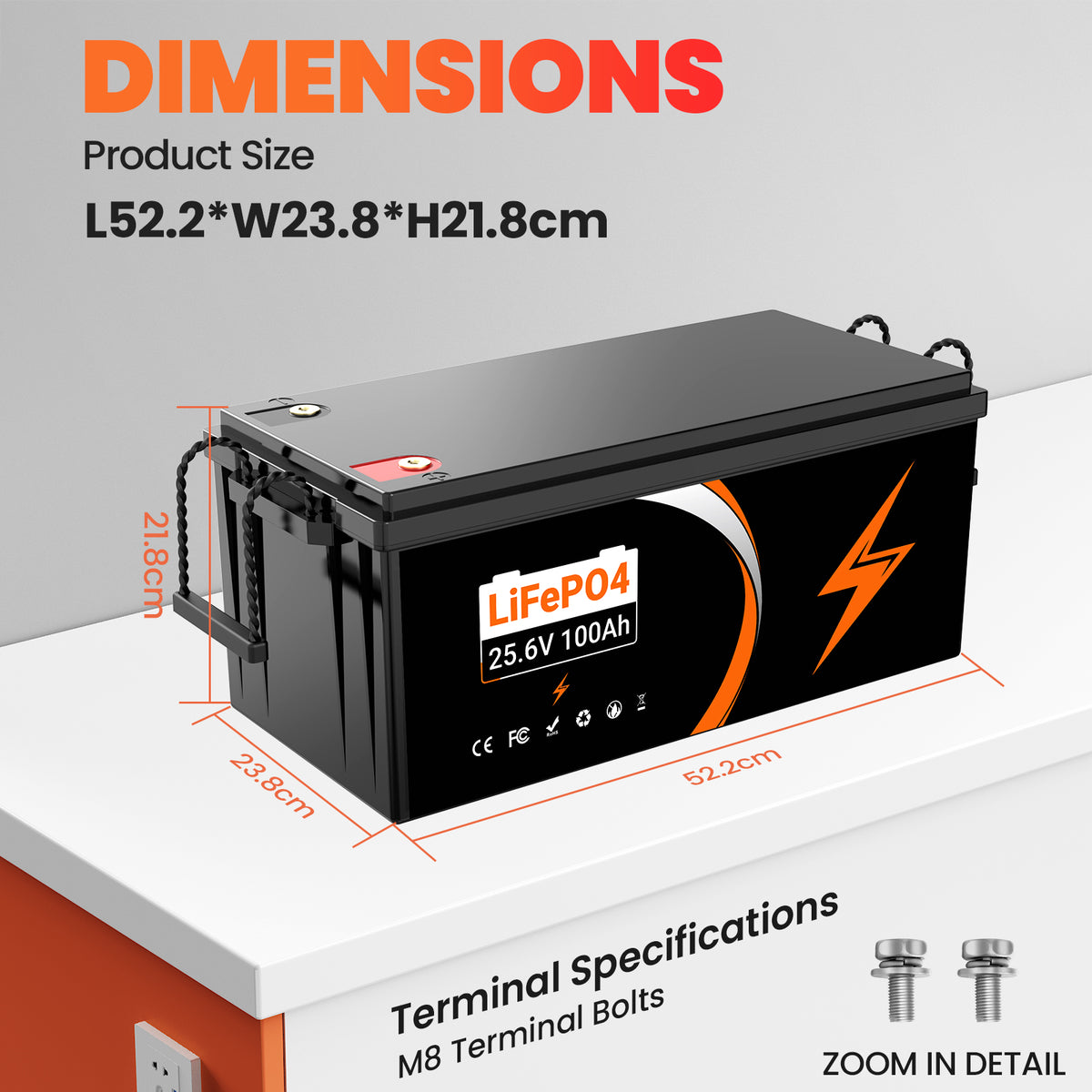 25.6v 100ah LIFEPO4 battery dimension