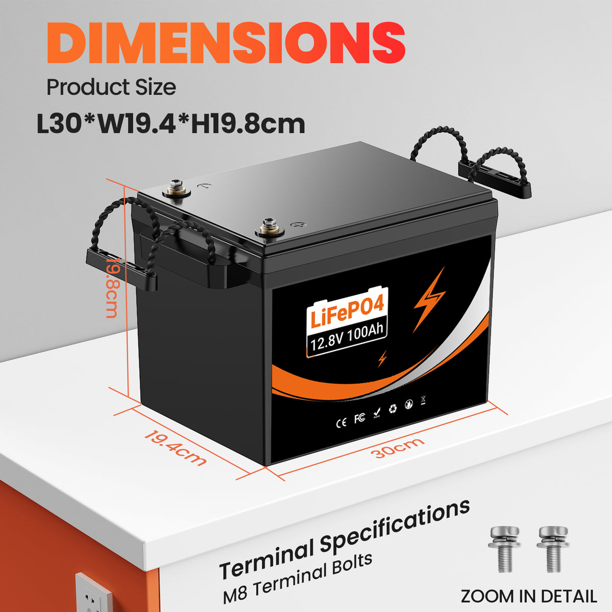 12.8V 100AH LIFEPO4 battery dimension