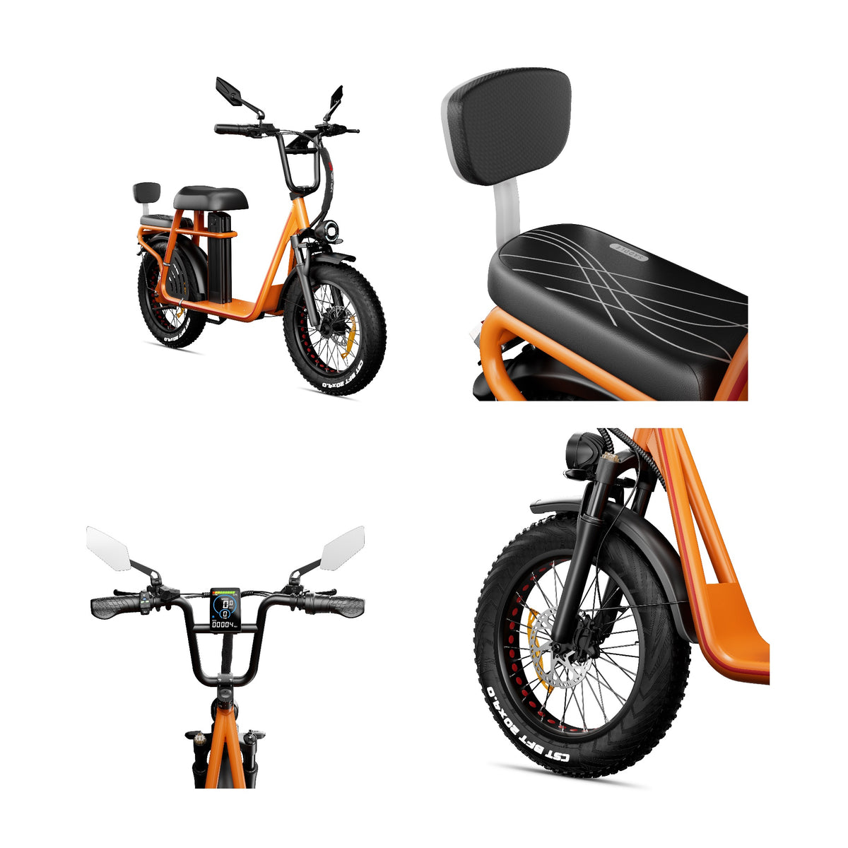 ET20 orange electric bicycle 1000w-show the details of rear rack, big screen LCD display and rear wheel