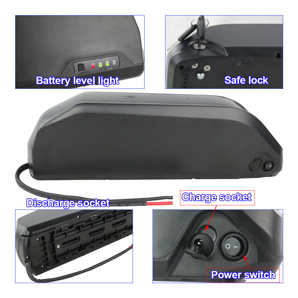 1000w ebike battery with safe lock, battery level light, discharge socket, charge socket details