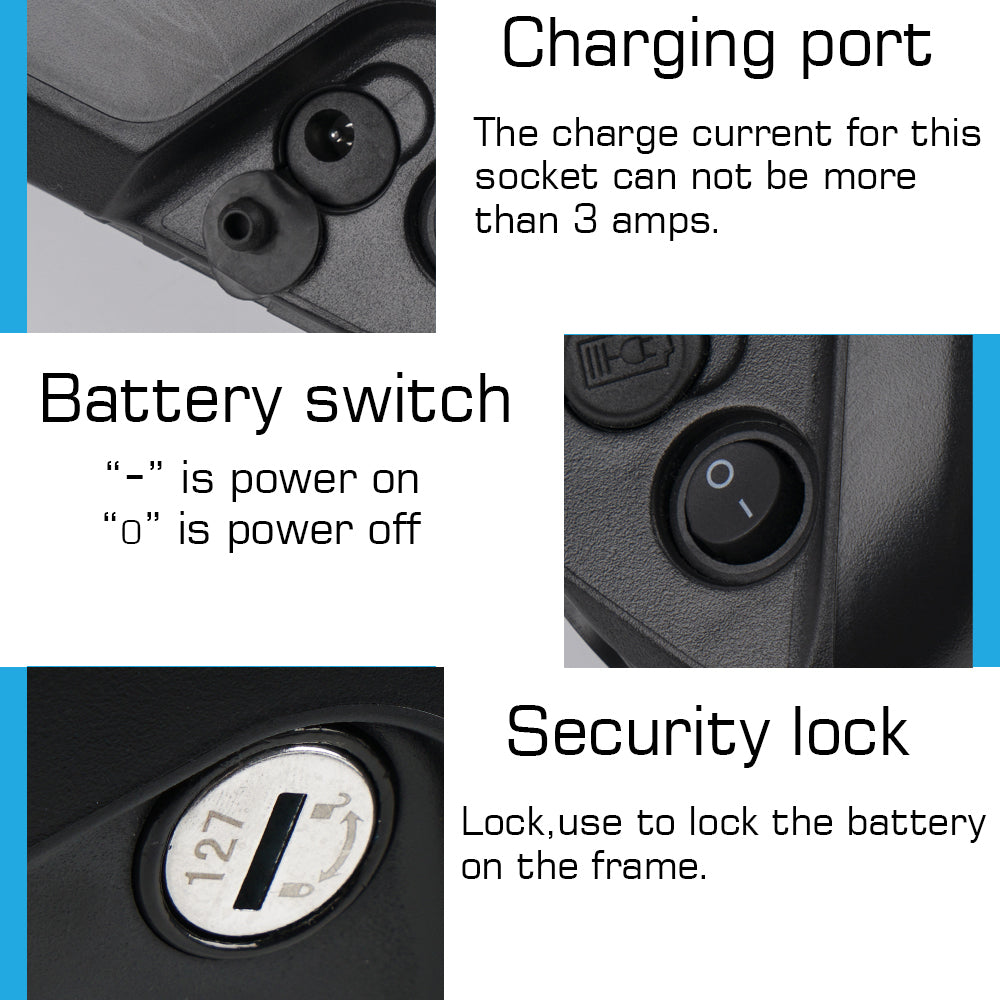 60v ebike battery with details of charging port and battery switch