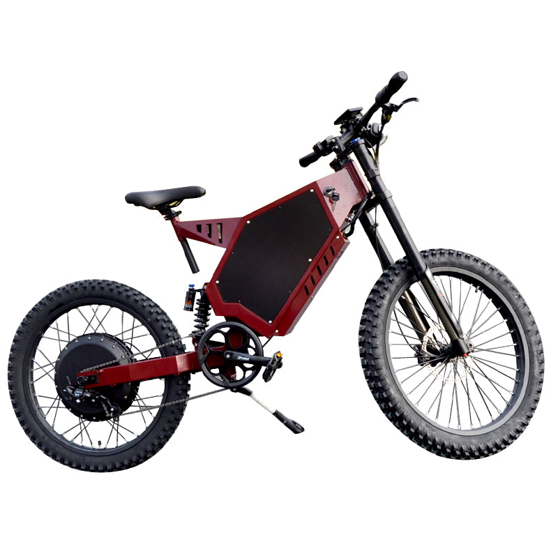 3000w electric mountain bike with red frame, hydraulic disc brake, headlight