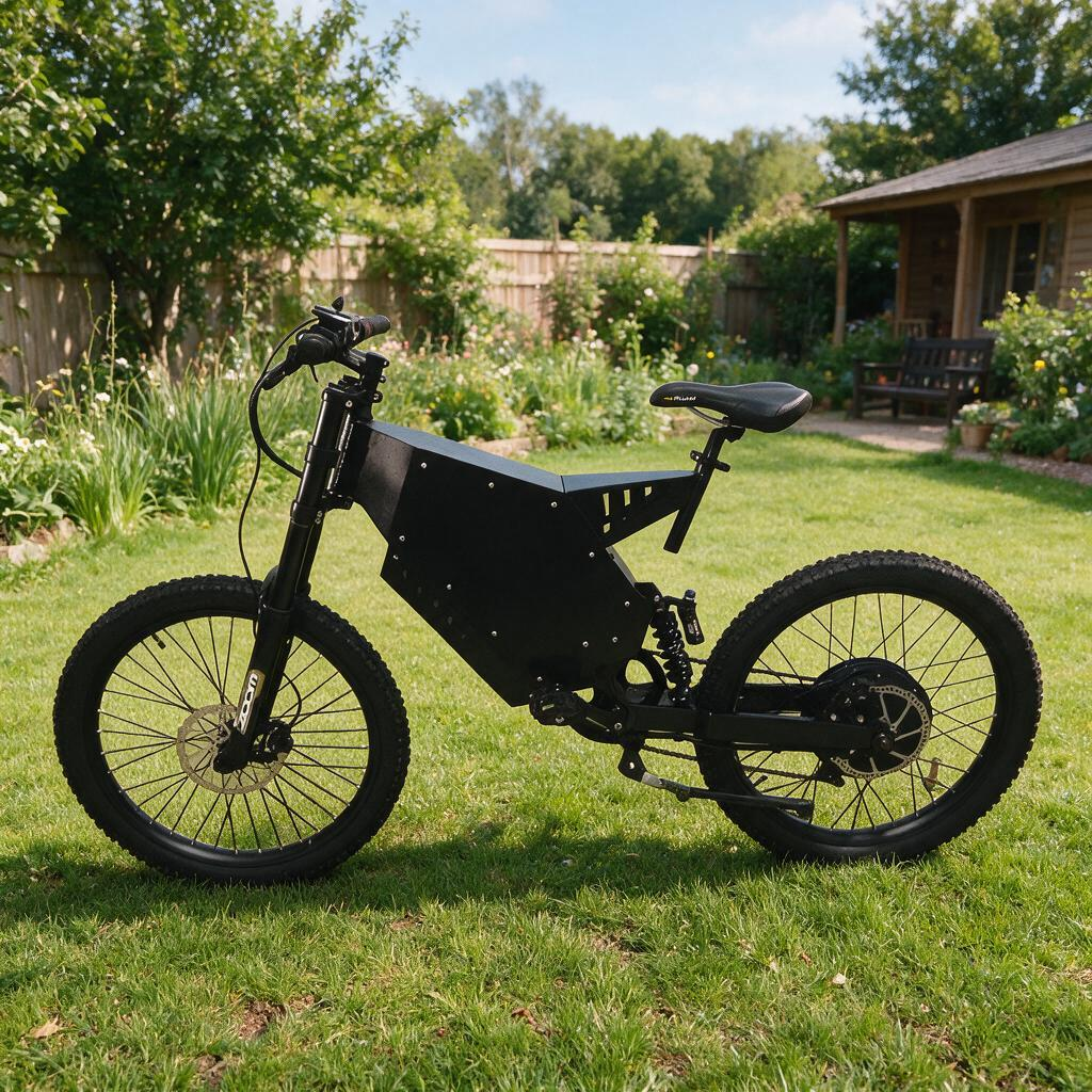 black 5000w electric bike with black frame, bicycle seat and hydraulic disc brake on grass