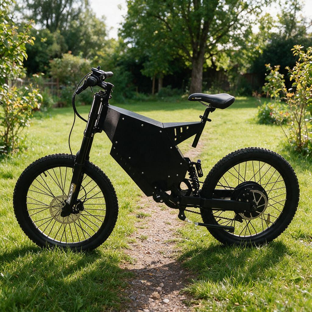 2000w stealth bomber bike with black frame, black wheel and black bicycle seat on grass of a courtyard
