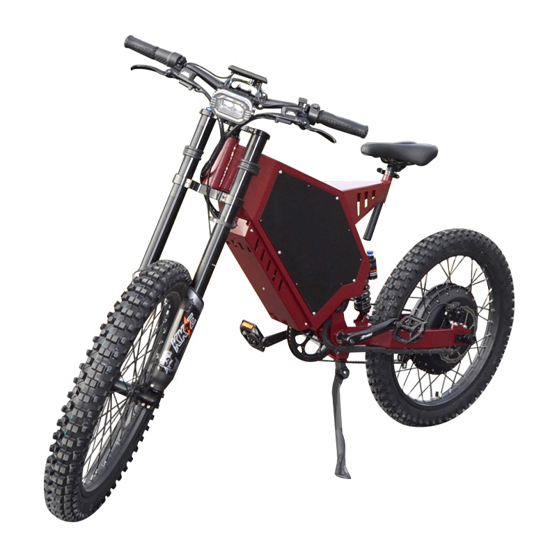 motorcycle wheel stealth bomber ebike 3000w 72v with red frame, bicycle seat, kke front fork, hydraulic disc brake