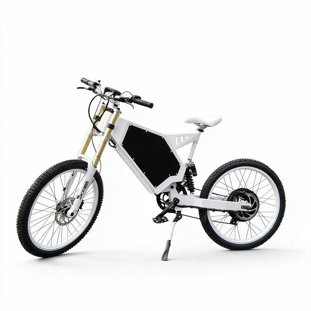 5000w stealth bomber bike with Zoon front fork, white frame, white bicycle seat and hydraulic disc brake