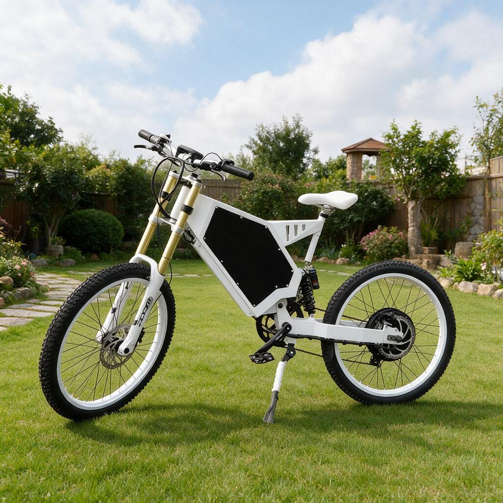 5000 watt stealth bomber electric bike white on grass