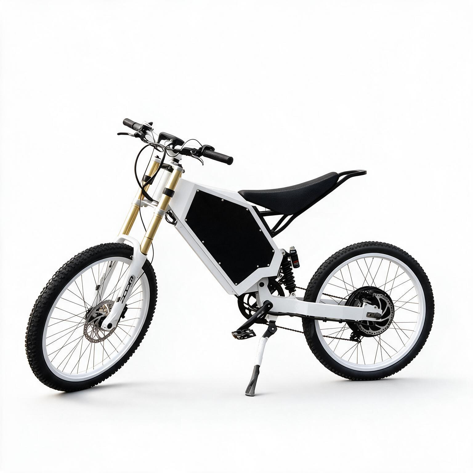 72v 3000w stealth bomber electric bike with bicycle wheel, motorcycle seat, white frame, zoom front fork, hydraulic disc brake