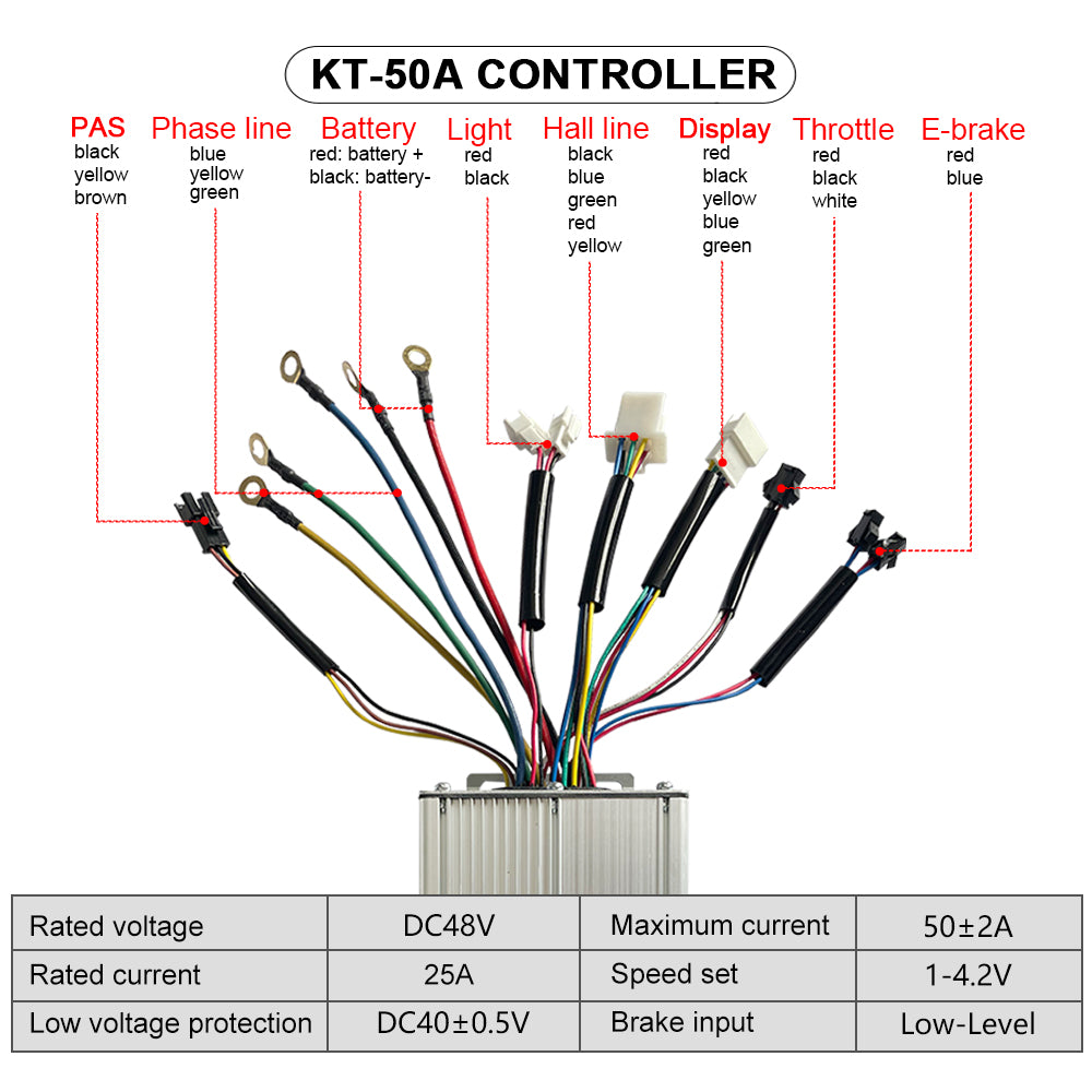 KT 50A controller wiring for electric bike kits & batteries