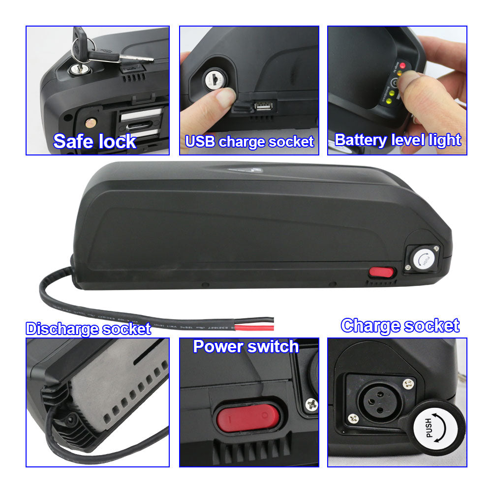 Hailong battery 48v 20ah details: safe lock, USB charge port, battery level light, discharge port, power switch, charge port