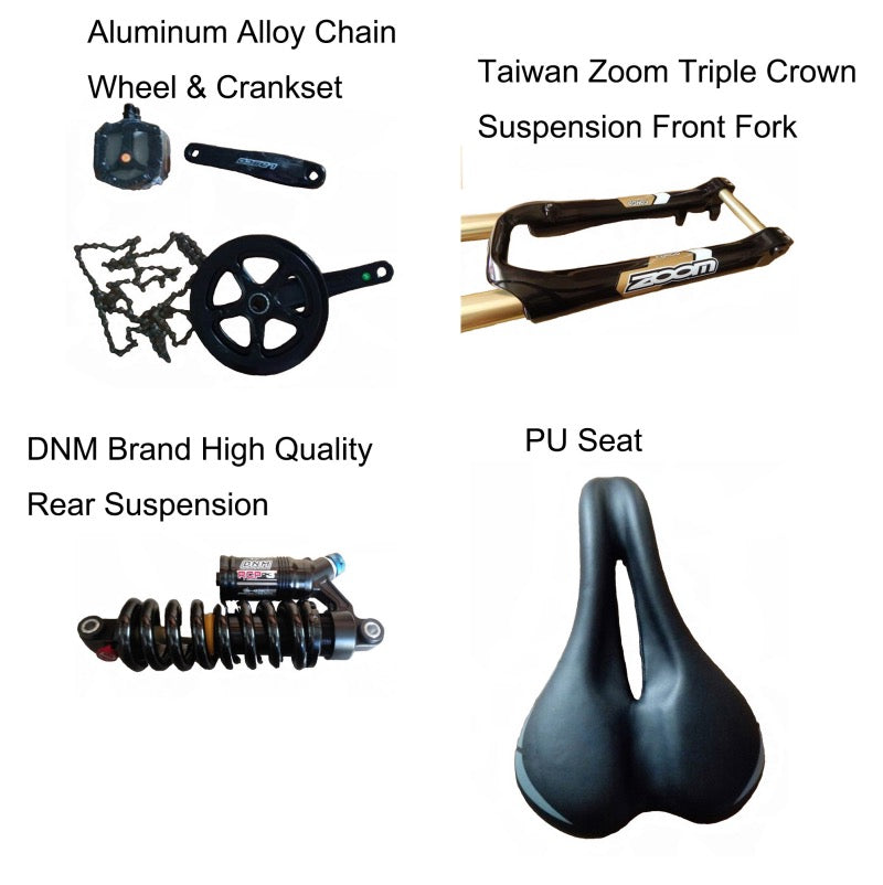 stealth bomber bike kit: crankset, front fork, rear suspension and bicycle seat