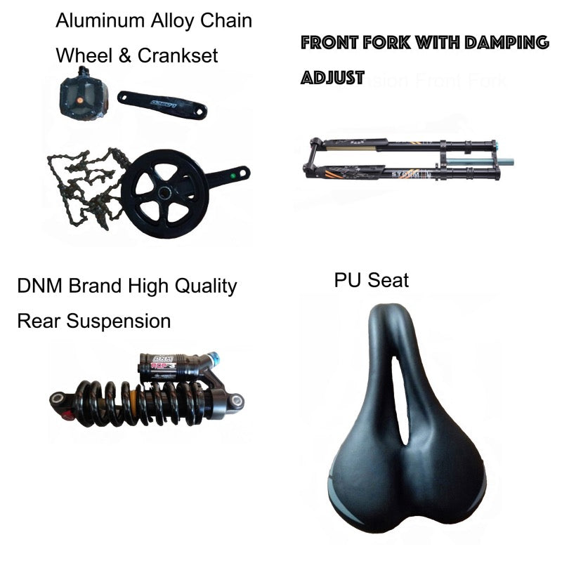 build stealth bomber ebike parts: crankset, front fork, rear suspension, bicycle style seat