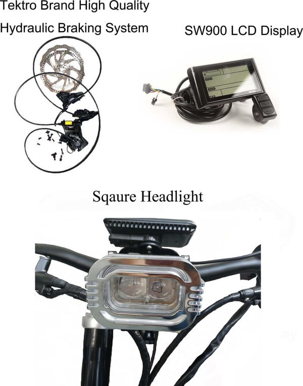 stealth electric bike accessories: hydraulic disc brake, LCD display, headlight