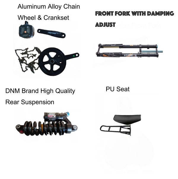 stealth bomber front forks, crankset, rear suspension and motorcycle seat