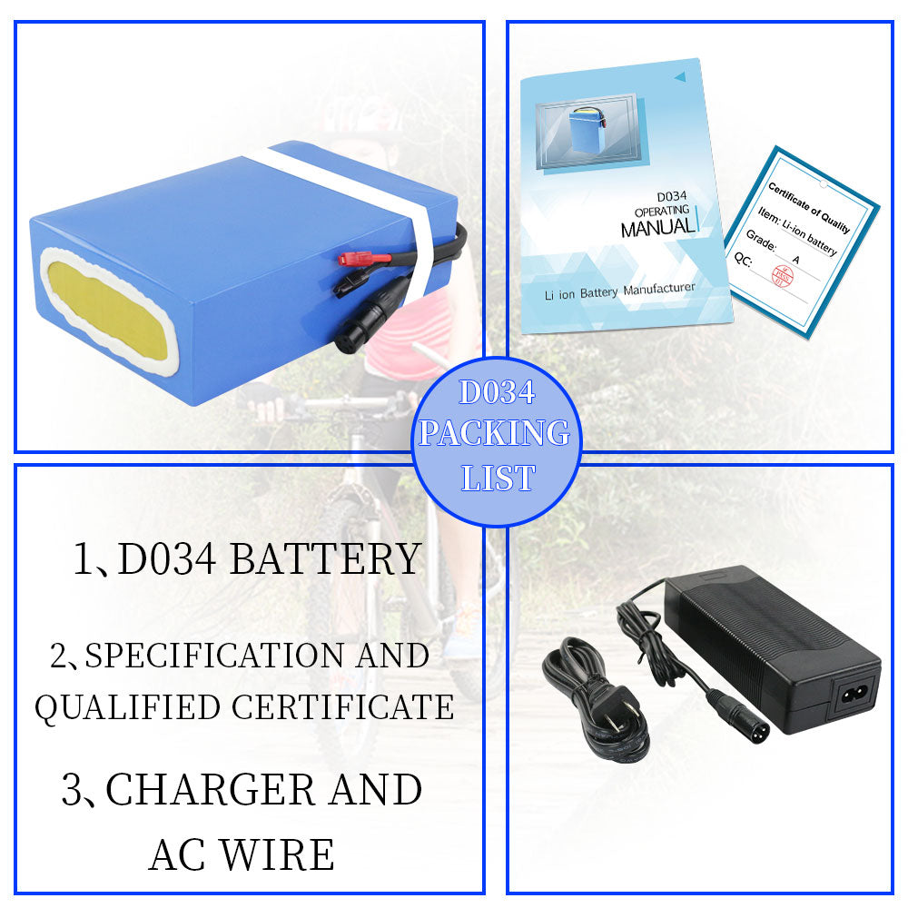 52 volt electric bike battery with charger, manual and QC certificate